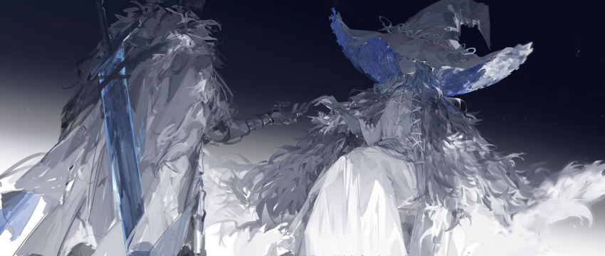 1girl absurdres armor blue_skin cape chinese_commentary cloak colored_skin commentary_request dress elden_ring extra_arms fur_cloak gauntlets hat highres incredibly_absurdres large_hat moonlight_greatsword night night_sky ranni_the_witch reaching reaching_towards_viewer saberiii sky star_(sky) tarnished_(elden_ring) unfinished watermark weibo_watermark witch_hat