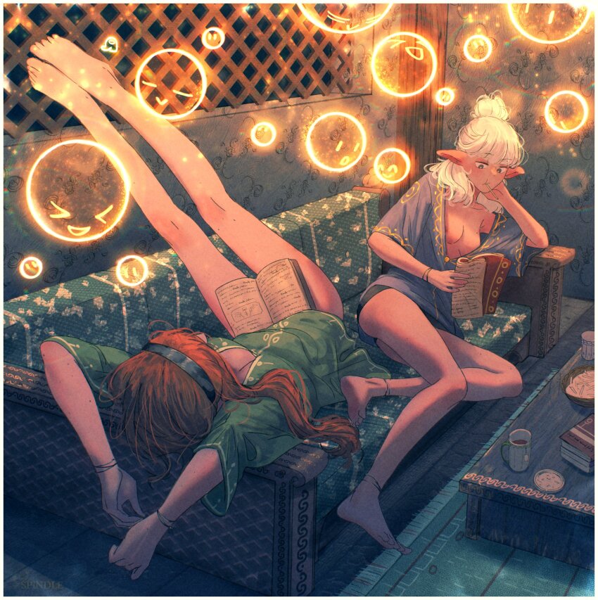 2girls absurdres anklet armpits arms_up asimov_(spindle_(aidenr0)) bare_legs barefoot black_hairband black_panties blue_shirt book bracelet breasts commentary couch cup dress english_commentary feet green_dress hairband hand_up highres holding holding_book indoors jewelry legs legs_together legs_up long_hair lying medium_breasts mouth_hold mug multiple_girls nipple_slip nipples on_back on_couch orange_hair original ottilie_(spindle_(aidenr0)) panties partially_unbuttoned pointy_ears ponytail reading shirt short_dress short_sleeves sitting soles spindle_(aidenr0) toenails toes underwear