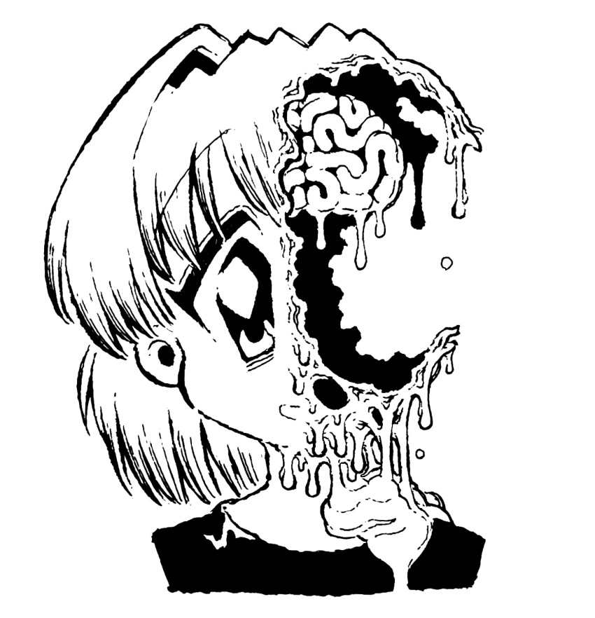 15ooo 1girl bags_under_eyes blood blood_drip brain dripping guro highres injury melting original shirt single_hair_intake t-shirt