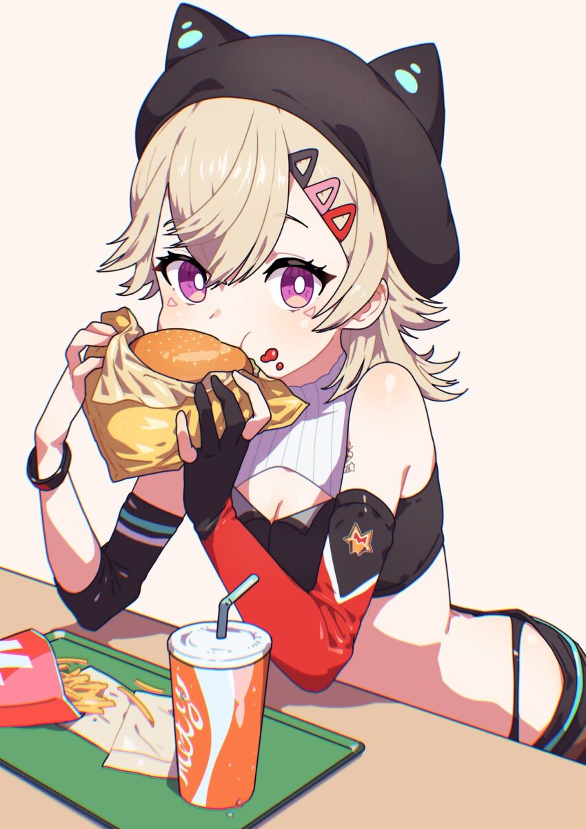1girl animal_ear_headwear animal_ears bare_shoulders beret black_gloves black_hat black_tube_top blonde_hair bracelet bright_pupils burger cat_ears eating elbow_gloves fake_animal_ears food french_fries gloves hat highres jewelry komori_met looking_at_viewer niboshidrip partially_fingerless_gloves purple_eyes simple_background single_elbow_glove soda solo strapless tube_top virtual_youtuber vspo! white_pupils