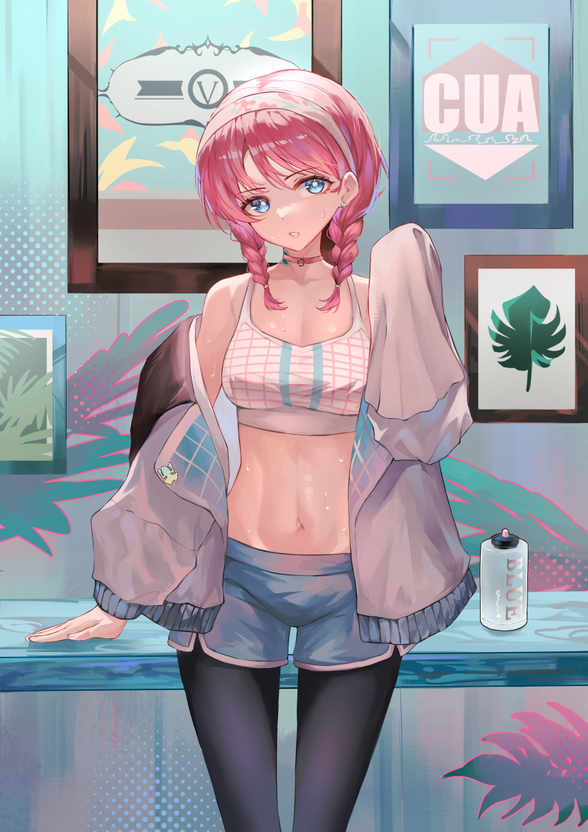 1girl absurdres arknights bare_shoulders black_pantyhose blue_eyes blue_poison_(arknights) blue_poison_(shoal_beat)_(arknights) blue_shorts blush bottle braid breasts choker collarbone commentary dolphin_shorts grey_jacket hairband highres indoors jacket long_hair long_sleeves looking_at_viewer medium_breasts navel official_alternate_costume open_clothes open_jacket panties panties_under_pantyhose pantyhose parted_lips pink_choker pink_hairband pink_sports_bra puranetto_(vjun4748) shorts solo sports_bra sweat toned twin_braids underwear