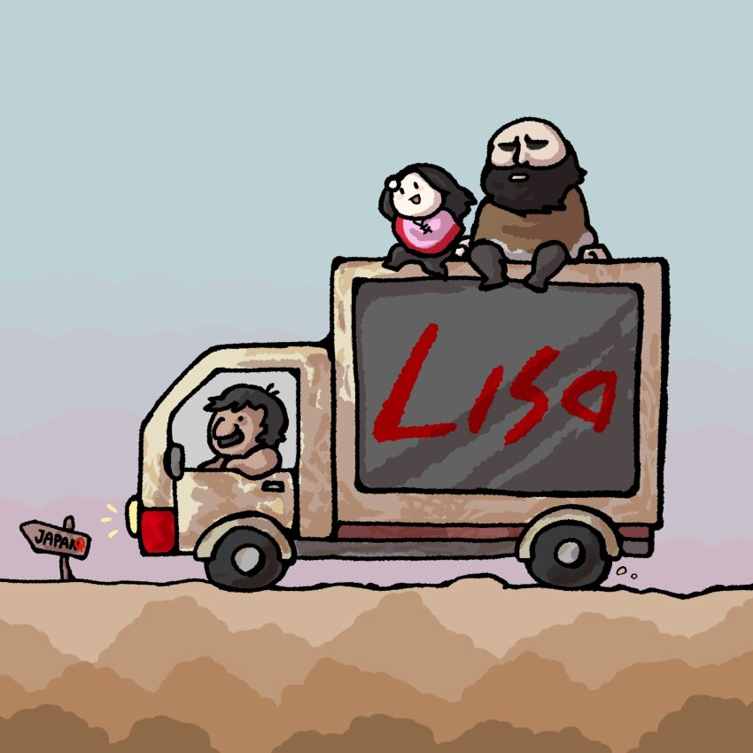 1girl 2boys bald beard big_nose black_pants brad_armstrong buddy_(lisa) chibi day driving facial_hair fardy_hernandez half-closed_eyes highres lisa_(series) lisa_the_painful motor_vehicle multiple_boys mustache open_mouth outdoors pants poncho sitting smile ssmdofu van