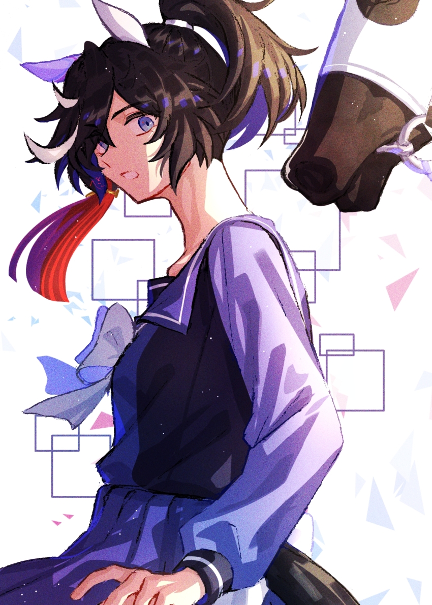 1girl animal_ears black_hair blue_eyes bow bowtie creature_and_personification ear_covers from_side hair_between_eyes hair_ornament highres horse horse_ears horse_girl horse_tail jagaimobeniko katsuragi_ace_(racehorse) katsuragi_ace_(umamusume) long_sleeves multicolored_hair personification ponytail purple_shirt purple_skirt real_life sailor_collar sailor_shirt school_uniform shirt skirt solo_focus streaked_hair tail tassel tassel_hair_ornament tracen_school_uniform umamusume white_bow white_bowtie white_hair