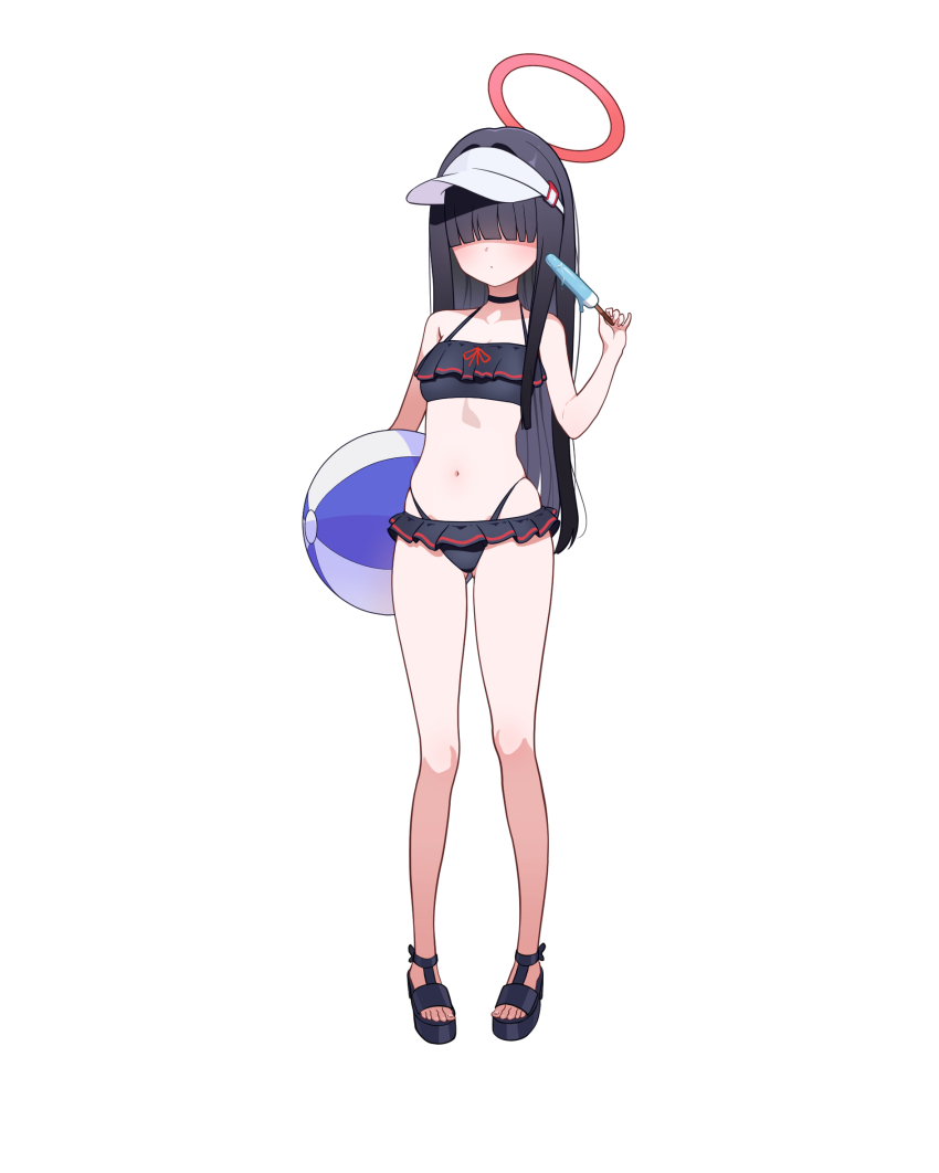 1girl ball bare_arms bare_legs bare_shoulders beachball bikini black_bikini black_choker black_hair blue_archive breasts choker cleavage food full_body hair_over_eyes halo highres holding holding_ball holding_beachball holding_food justice_task_force_member_(blue_archive) long_hair navel popsicle red_halo sandals schwarz_rubin simple_background small_breasts solo swimsuit toes white_background