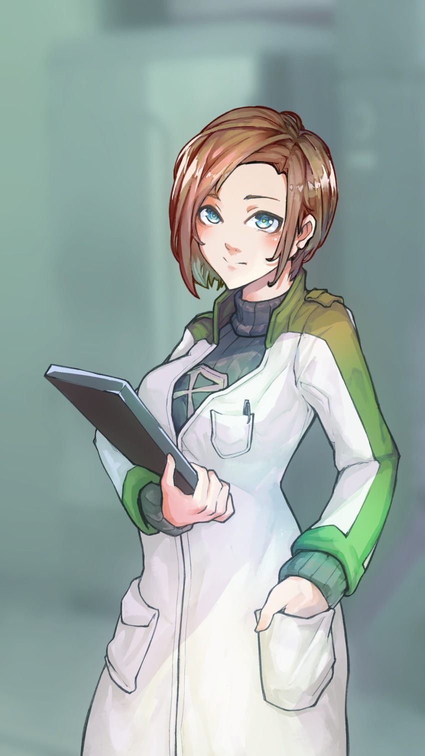 1girl absurdres blue_eyes brown_hair commentary english_commentary hand_in_pocket highres long_sleeves looking_at_viewer moira_vahlen object_in_pocket pen_in_pocket pocket short_hair tablet_pc turtleneck x-com yosinoya901