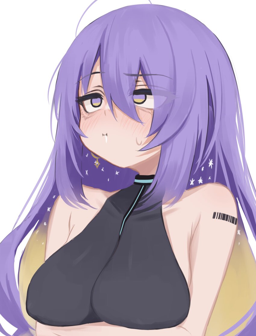 1girl :i absurdres arm_tattoo arms_under_breasts barcode barcode_tattoo bare_arms black_shirt blush breasts closed_mouth colored_inner_hair commentary english_commentary hair_between_eyes highres hololive hololive_indonesia large_breasts long_hair looking_up lucien_000298 moona_hoshinova moona_hoshinova_(1st_costume) multicolored_hair purple_eyes purple_hair shirt simple_background sleeveless sleeveless_turtleneck small_sweatdrop solo tattoo turtleneck turtleneck_shirt upper_body virtual_youtuber white_background