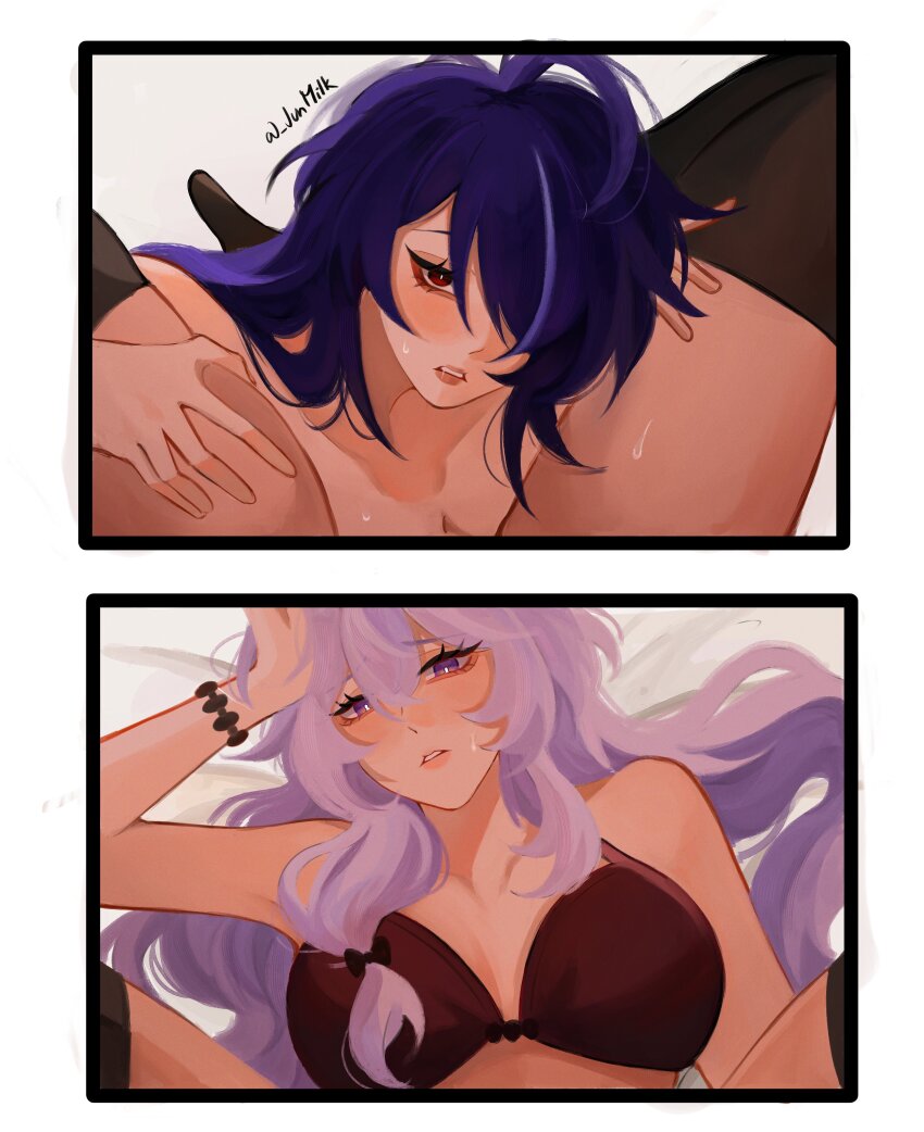 2girls absurdres acheron_(honkai:_star_rail) bare_shoulders black_swan_(honkai:_star_rail) blush breasts cleavage commentary english_commentary hair_spread_out head_between_thighs highres honkai:_star_rail honkai_(series) implied_cunnilingus junmilk00 large_breasts long_hair multiple_girls open_mouth purple_eyes purple_hair sweat very_long_hair yellow_eyes yuri