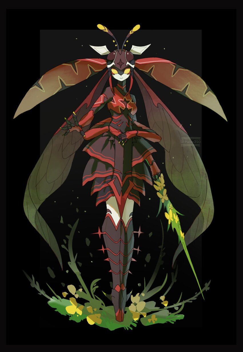1girl antennae arthropod_girl black_background black_skin breasts carapace colored_skin extra_arms flower head_wings highres holding holding_sword holding_weapon insect_wings looking_at_viewer monster_girl multicolored_skin original red_skin ruteko_(ruko220) signature small_breasts solid_eyes solo sword weapon white_skin wings yellow_eyes
