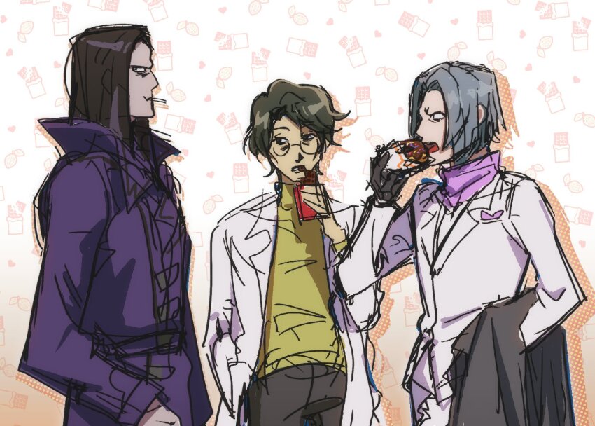 3boys coat crossover digimon digimon_adventure_02 digimon_savers digimon_story:_cyber_sleuth eating glasses highres kurata_akihiro looking_at_another multiple_boys oikawa_yukio short_hair suedou_akemi