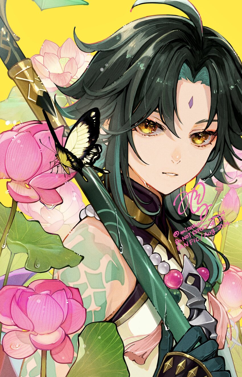 1boy absurdres arm_tattoo artist_name bead_necklace beads black_hair bug butterfly detached_sleeves facial_mark flower forehead_mark genshin_impact gloves green_hair highres holding holding_polearm holding_weapon insect jewelry leaf looking_at_viewer male_focus misoshiru_umai4 multicolored_hair necklace open_mouth polearm primordial_jade_winged-spear_(genshin_impact) rose shirt short_hair signature single_detached_sleeve solo spear streaked_hair tattoo upper_body weapon white_shirt xiao_(genshin_impact) yellow_background
