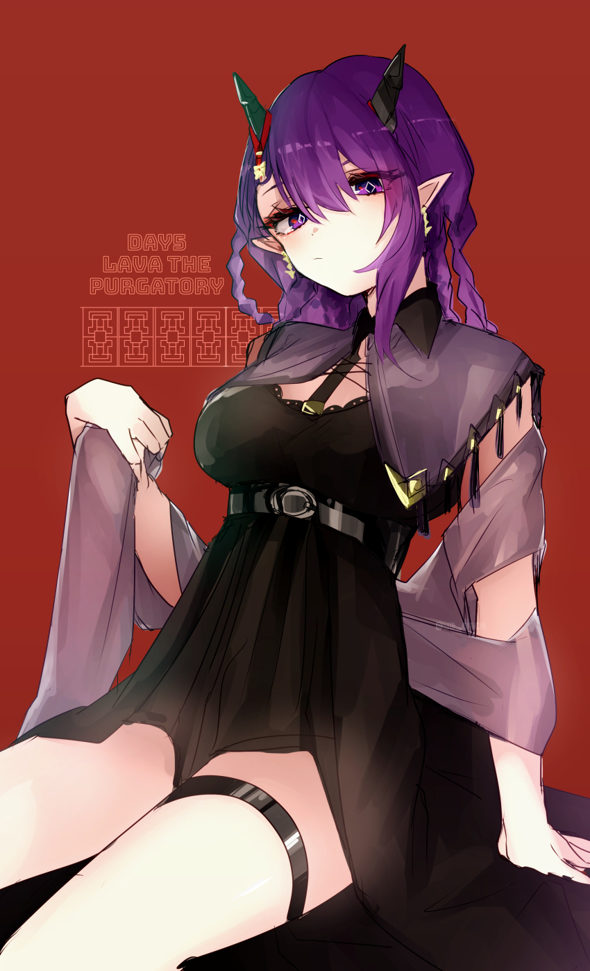1girl absurdres arknights black_dress black_horns braid breasts chest_belt closed_mouth cowboy_shot dress earrings highres horns jewelry lava_(arknights) lava_the_purgatory_(arknights) lava_the_purgatory_(dusk_wisteria)_(arknights) long_hair looking_at_viewer official_alternate_costume pointy_ears purple_eyes purple_hair renka_(renxka) solo thigh_strap