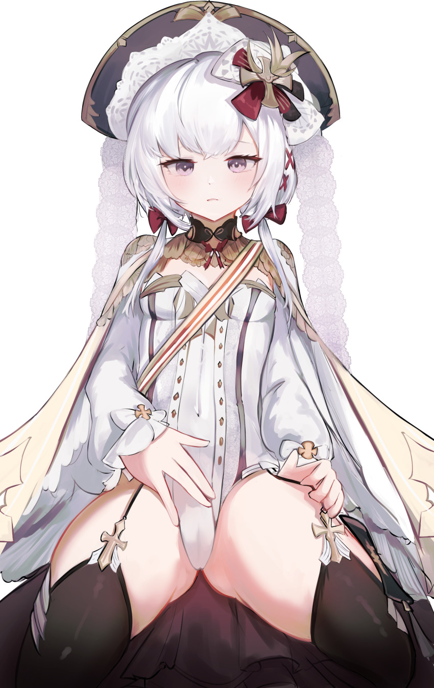 1girl absurdres azur_lane black_thighhighs blush bow breasts buttons cameltoe coat commentary_request covered_navel cross cross_fitchy cross_hair_ornament cross_patty double-breasted flandre_(azur_lane) garter_straps gluteal_fold grey_eyes hair_bow hair_ornament hand_on_own_crotch hat highres latin_cross leotard long_sleeves looking_at_viewer mizuhashi_parusui simple_background sitting sleeves_past_wrists small_breasts solo spread_legs thick_thighs thighhighs thighs white_background white_coat white_hair white_leotard