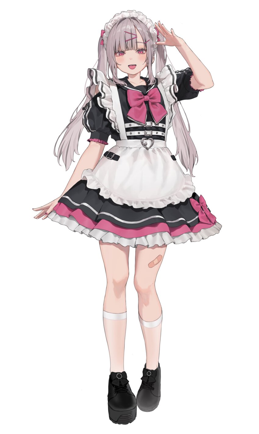 1girl :d absurdres apron belt black_dress boots dress full_body grey_hair hair_ornament hairclip hamunezuko_(nezukonezu32) highres kneehighs layered_dress long_hair long_sidelocks maid_apron maid_headdress maidcafe_magical_lollipop open_mouth pink_eyes salute sidelocks simple_background smile socks solo standing tachi-e twintails white_background
