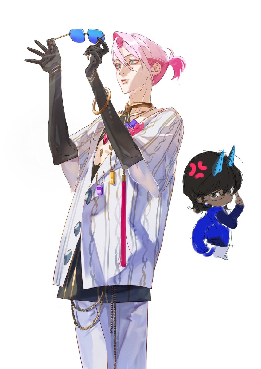 2boys anger_vein arjuna_(fate) arjuna_alter_(fate) blue_eyes bracelet brothers chest_jewel chibi chibi_inset eyeshadow eyeshadow_under_eye fate/grand_order fate_(series) highres holding holding_removed_eyewear jewelry karna_(fate) karna_(summer_outfit)_(fate) makeup male_focus multicolored_hair multiple_boys pale_skin pink_eyeshadow pink_hair ponytail shirt short_hair siblings simple_background siyemmm sunglasses two-tone_hair unworn_eyewear white_background white_shirt