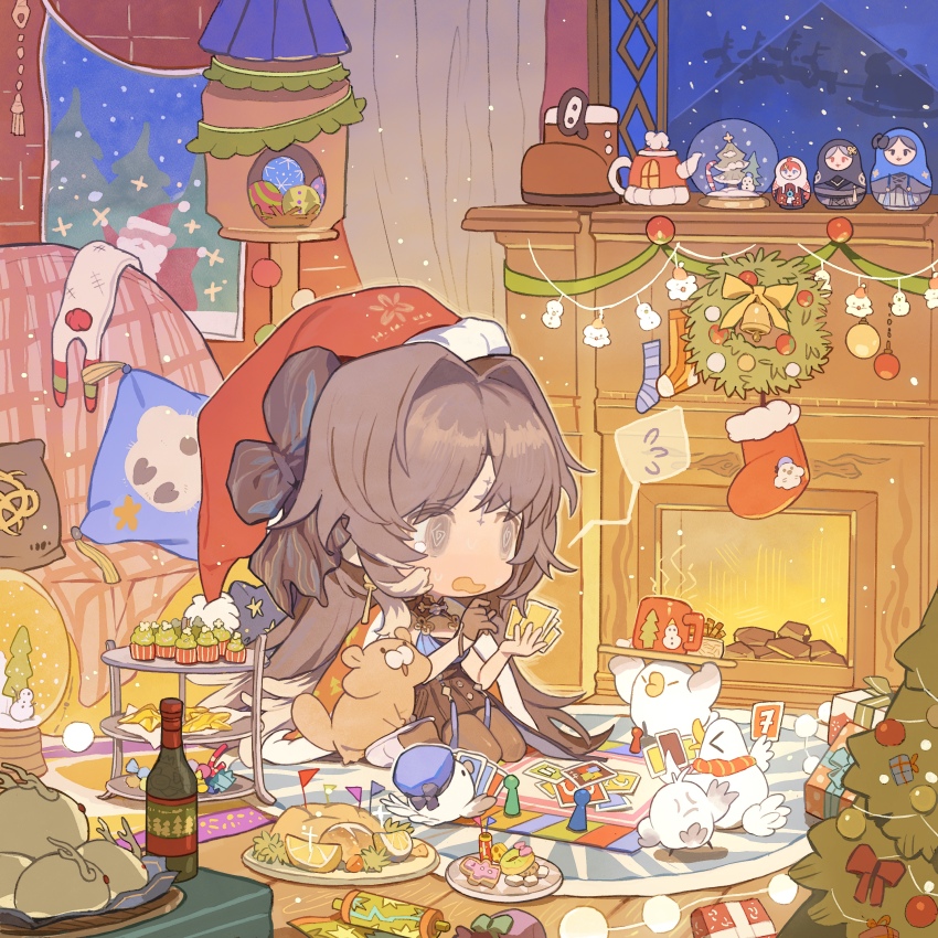 &gt;_&lt; 1girl @_@ absurdres anger_vein bird black_bow black_collar black_dress bottle bow brown_eyes brown_hair cape card card_game chibi chinese_commentary christmas christmas_ornaments christmas_stocking christmas_tree christmas_wreath collar commentary_request cup cupcake curtains detached_collar dress fireplace flying_sweatdrops food forehead fruit fukurou_(linxiao_2024) full_body fur-trimmed_cape fur-trimmed_headwear fur_trim gift gloves grey_gloves grey_pantyhose hair_bow hat highres holding holding_card indoors kneeling lemon lemon_slice living_room long_hair matryoshka_doll mug nest night open_mouth pantyhose playing_card pleated_skirt pom_pom_(clothes) red_cape red_hat rug santa_hat short_dress single_glove skirt slice_of_life slippers snow_globe snowing solo spoken_flying_sweatdrops steam tearing_up tree tree_print very_long_hair watermark wavy_mouth weibo_watermark white_slippers window wine_bottle wooden_floor wreath wuthering_waves yangyang_(bird)_(wuthering_waves) yangyang_(wuthering_waves)