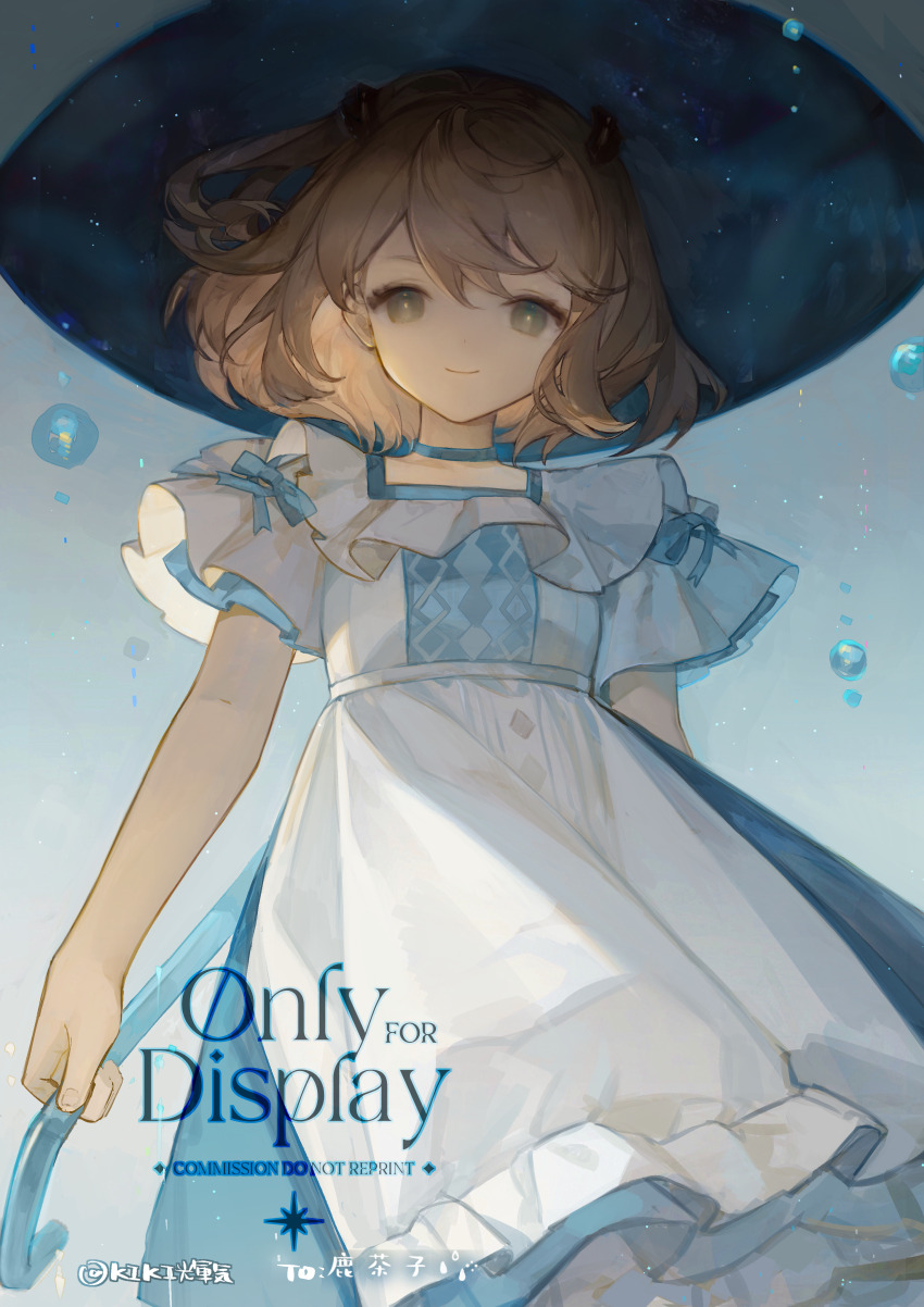 1girl absurdres apron aqua_bow bilibili_username bow bubble collar commission dress english_text frilled_collar frilled_sleeves frills gradient_background grey_eyes hat highres kikihuihui light_brown_hair looking_at_viewer original short_hair simple_background smile white_dress witch witch_hat