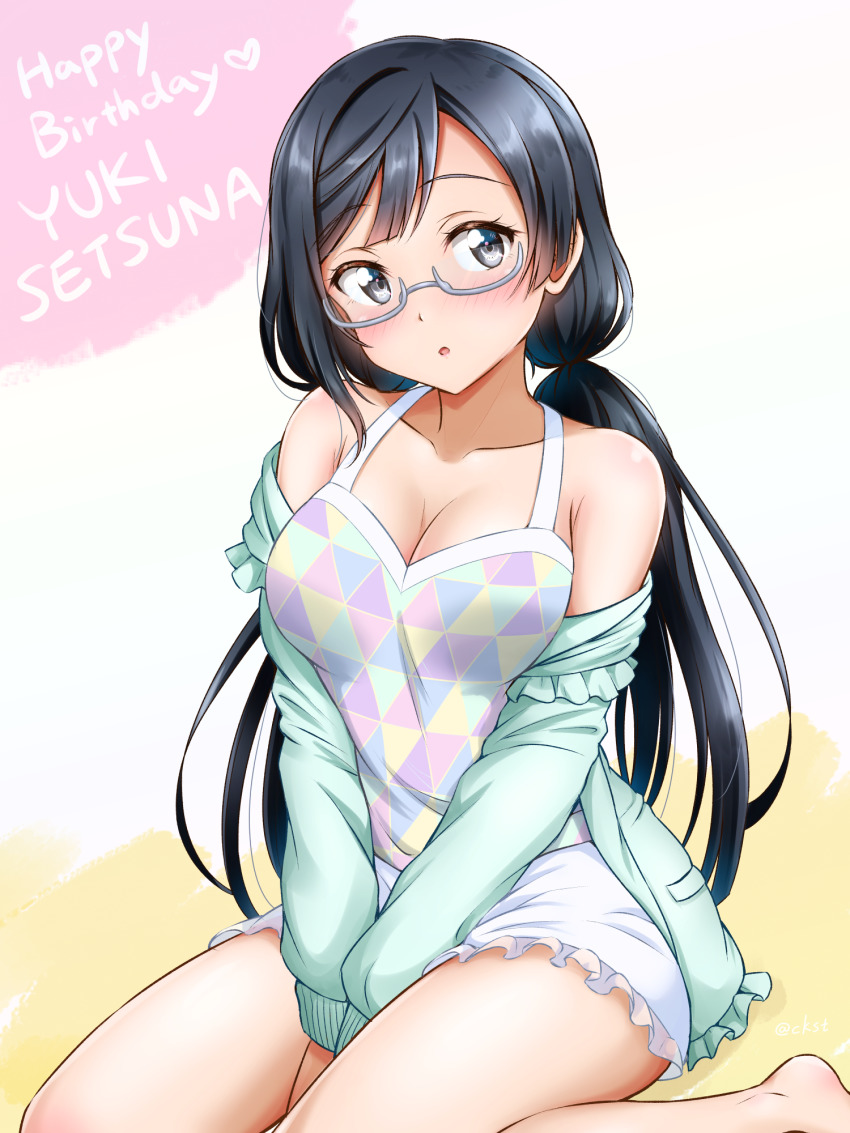 1girl birthday black_hair blush breasts character_name ckst cleavage collarbone commentary_request english_text grey-framed_eyewear grey_eyes happy_birthday highres large_breasts long_hair love_live! love_live!_nijigasaki_high_school_idol_club low_twintails nakagawa_nana semi-rimless_eyewear sidelocks solo twintails under-rim_eyewear yuki_setsuna yuki_setsuna_(love_live!)