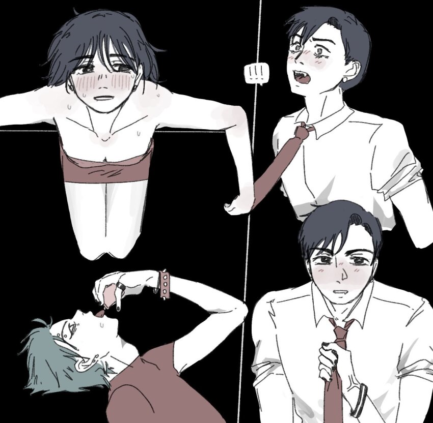 !? 1girl 2boys alien_stage anger_vein black_hair black_nails bracelet clothes_grab collared_shirt dress grey_hair head_back highres holding ivan_(alien_stage) jewelry motii multiple_boys necktie necktie_grab neckwear_grab red_dress red_necktie red_shirt shirt short_hair spiked_bracelet spikes strapless strapless_dress sua_(alien_stage) till_(alien_stage) tongue white_shirt