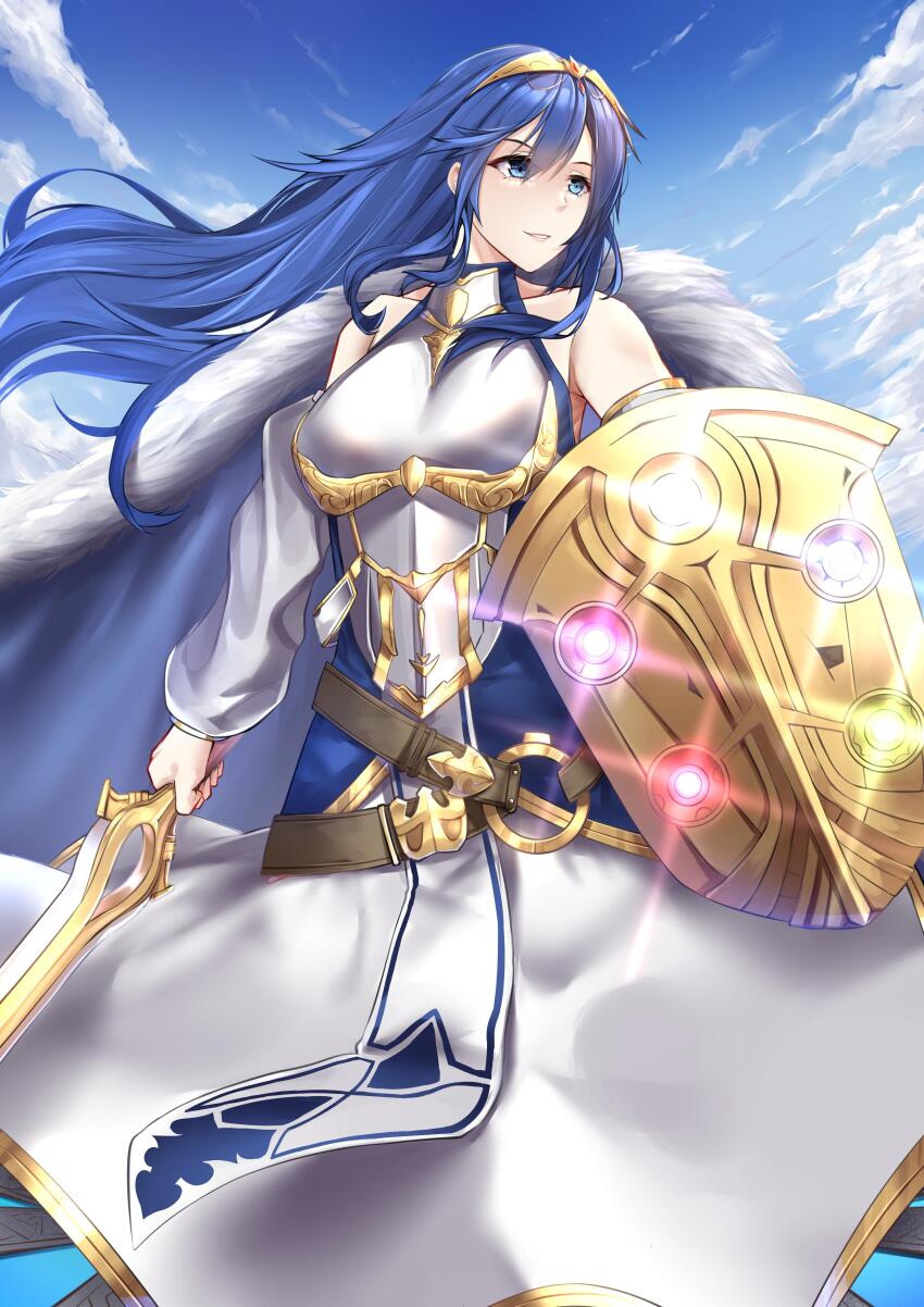 1girl absurdres armor bare_shoulders blue_eyes blue_hair blue_sky cloud commentary day detached_sleeves english_commentary falchion_(fire_emblem) fire_emblem fire_emblem_awakening fire_emblem_cipher highres holding holding_shield holding_sword holding_weapon irkawaza lucina_(fire_emblem) lucina_(hope-ruling_queen)_(fire_emblem) nintendo second-party_source shield sky solo sword tiara weapon white_sleeves