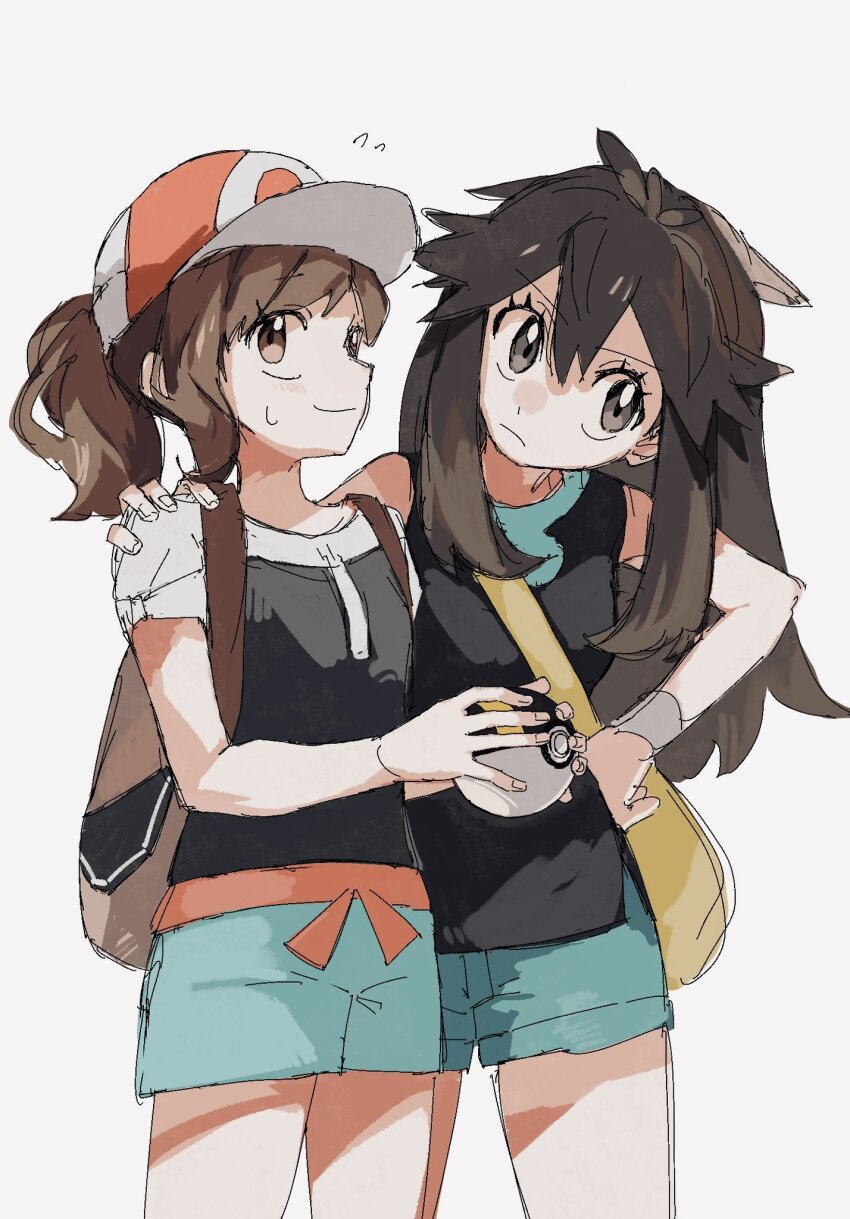 2enn3n 2girls backpack bag blue_shorts brown_bag brown_eyes brown_hair closed_mouth creatures_(company) elaine_(pokemon) frown game_freak green_(pokemon) hair_between_eyes hand_on_another&#039;s_shoulder hand_on_own_hip hat highres holding holding_poke_ball long_hair looking_to_the_side multiple_girls nintendo poke_ball pokemon pokemon_lgpe ponytail shirt short_hair short_sleeves shorts shoulder_bag sleeveless sleeveless_shirt smile sweatdrop ultra_ball white_background yellow_bag