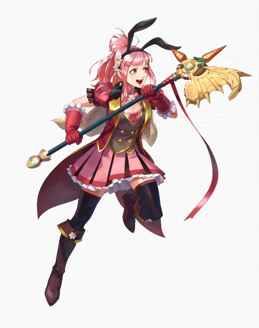 1girl alternate_costume alternate_hairstyle animal_ears axe black_thighhighs boots breasts brown_boots cleavage commentary dress earrings english_commentary fake_animal_ears fire_emblem fire_emblem:_three_houses fire_emblem_heroes fire_emblem_warriors:_three_hopes gloves hair_bun highres hilda_valentine_goneril holding holding_axe holding_weapon jewelry medium_breasts nintendo official_alternate_hairstyle open_mouth pink_dress pink_eyes pink_gloves pink_hair puffy_short_sleeves puffy_sleeves rabbit_ears short_sleeves simple_background single_hair_bun smile solo stup-jam teeth thighhighs upper_teeth_only weapon white_background