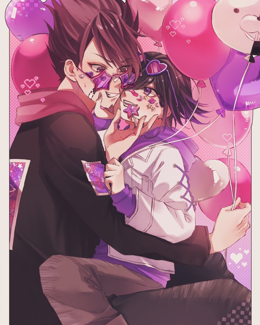 2boys balloon black_hair commentary danganronpa_(series) danganronpa_v3:_killing_harmony eyewear_on_head facial_hair flipped_hair from_side goatee grin hair_between_eyes heart highres holding holding_balloon hood hooded_jacket hoodie jacket long_sleeves male_focus medium_hair momota_kaito monokuma moti_gome0023 multiple_boys oma_kokichi on_lap open_mouth pants pink_theme purple_eyes purple_facial_hair purple_hair short_hair sitting size_difference smile spiked_hair star-shaped_eyewear star_(symbol) sticker sunglasses teeth too_many_balloons too_many_stickers yaoi