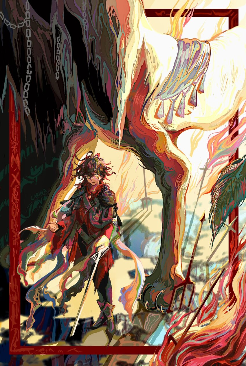 1boy black_hair boots border carinatct1015 chest_belt cloak creature curly_hair dante_alighieri_(fate) dante_alighieri_(second_ascension)_(fate) fate/grand_order fate_(series) full_body grey_eyes highres holding holding_sword holding_weapon inset_border long_sleeves looking_at_viewer male_focus medium_hair multicolored_hair pants pitchfork planted planted_pitchfork planted_sword planted_weapon red_border red_hair shirt solo standing sword tassel torn_clothes two-tone_hair weapon