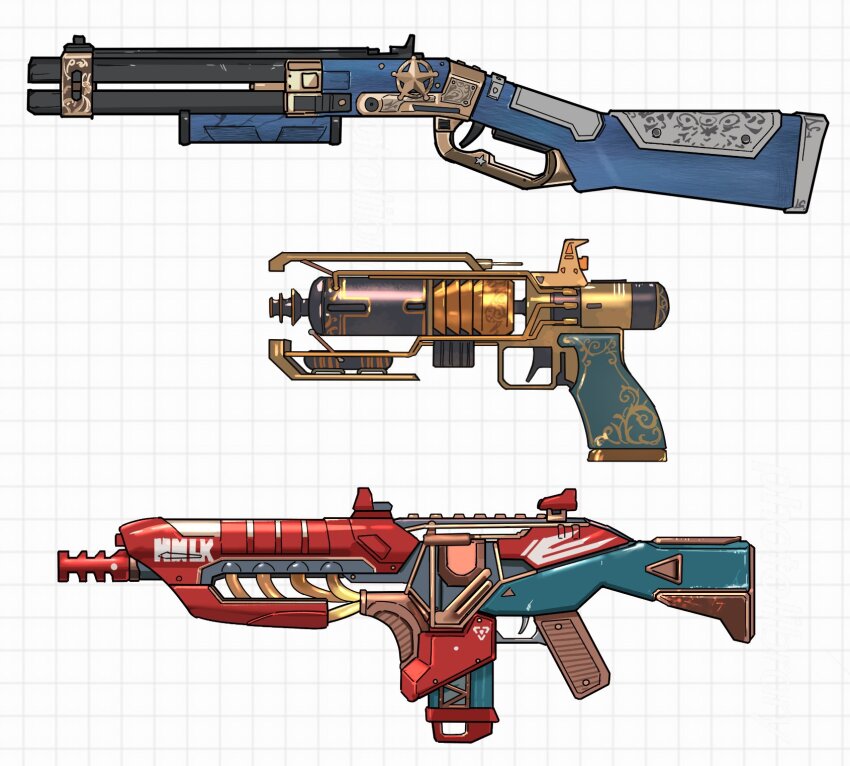 apex_legends assault_rifle b3_wingman energy_gun from_side grid_background gun handgun hemlok highres magazine_(weapon) no_humans peacekeeper_(shotgun) revolver rifle shotgun thundergotch trigger weapon weapon_focus