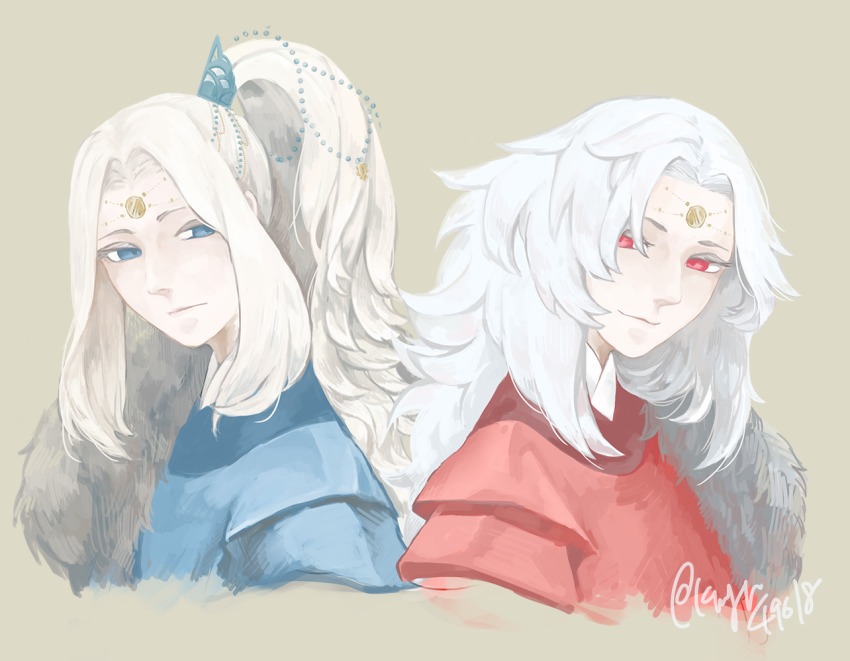 2boys bad_id bad_pixiv_id blonde_hair blue_(saga_frontier) blue_eyes hair_ornament headpiece jewelry long_hair male_focus multiple_boys ponytail rouge_(saga_frontier) saga saga_frontier siblings twins white_hair