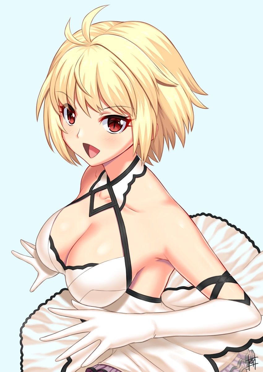 1girl arcueid_brunestud bare_shoulders blonde_hair blush breasts cleavage dress elbow_gloves gloves guriguri_(arayotto4351) highres large_breasts looking_at_viewer open_mouth red_eyes short_hair simple_background smile solo tsukihime white_background white_dress white_gloves