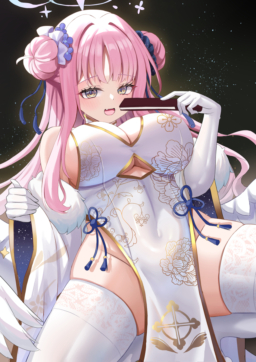 1girl absurdres alternate_costume alternate_hairstyle bare_shoulders blue_archive blue_scrunchie blush breasts china_dress chinese_clothes cleavage double_bun dress elbow_gloves fang feathered_wings flower fur_shawl gloves hair_bun hair_flower hair_ornament hair_scrunchie halo highres kurashina_yuzuki large_breasts long_hair mika_(blue_archive) open_mouth pelvic_curtain pink_hair pink_halo purple_flower scrunchie shawl sidelocks skin_fang solo thighhighs white_dress white_scrunchie white_thighhighs wings yellow_eyes