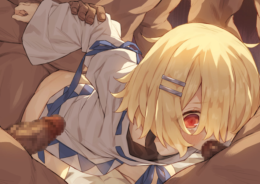 1girl 4boys absurdres aku_(maou-sama_retry!) arm_held_back blonde_hair blue_ribbon blush bottomless censored clothed_female_nude_male dark-skinned_male dark_skin eyes_visible_through_hair fellatio gangbang group_sex hair_ornament hair_over_one_eye highres holding_another&#039;s_arm irrumatio maou-sama_retry! mosaic_censoring multiple_boys nasuuni nude oral penis rape red_eyes ribbon sex sex_from_behind spitroast tearing_up