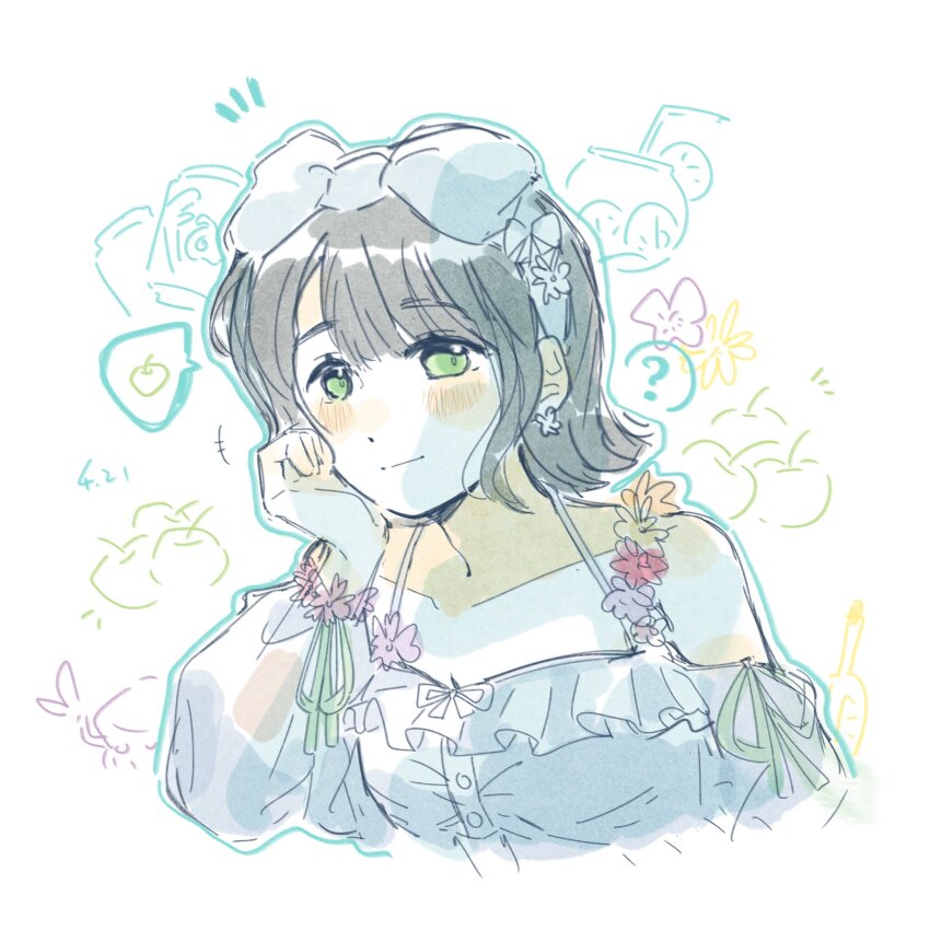 1girl ? apple bare_shoulders black_hair blunt_bangs bob_cut bow bow_hairband breasts cleavage collarbone commentary flipped_hair flower food fruit green_eyes hairband halterneck her-bath-rium highres link!_like!_love_live! long_sleeves looking_at_viewer love_live! medium_breasts momose_ginko notice_lines official_alternate_costume one-piece_swimsuit pink_flower short_hair simple_background solo spoken_food spoken_question_mark swimsuit symbol-only_commentary upper_body virtual_youtuber white_background white_bow white_hairband white_one-piece_swimsuit woodonly