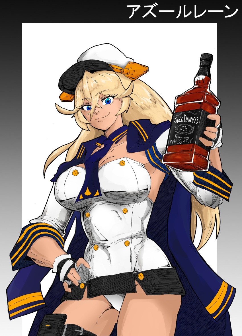 1girl alcohol azur_lane belt black_belt black_border black_gloves blue_eyes blue_neckwear border bottle buttons cowboy_shot crossed_bangs doggyman1911a1 gloves graphite_(medium) hat highres holding holding_bottle jack_daniel&#039;s jacket jacket_on_shoulders mechanical_pencil peaked_cap pencil smile tennessee_(azur_lane) thigh_strap traditional_media white_background white_headwear