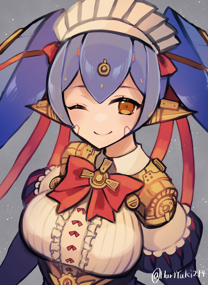 1girl absurdres android breasts hairband haruto_yuki headdress highres joints large_breasts maid maid_headdress one_eye_closed poppi_(xenoblade) poppi_qt_(xenoblade) ribbon robot_girl robot_joints solo xenoblade_chronicles_(series) xenoblade_chronicles_2