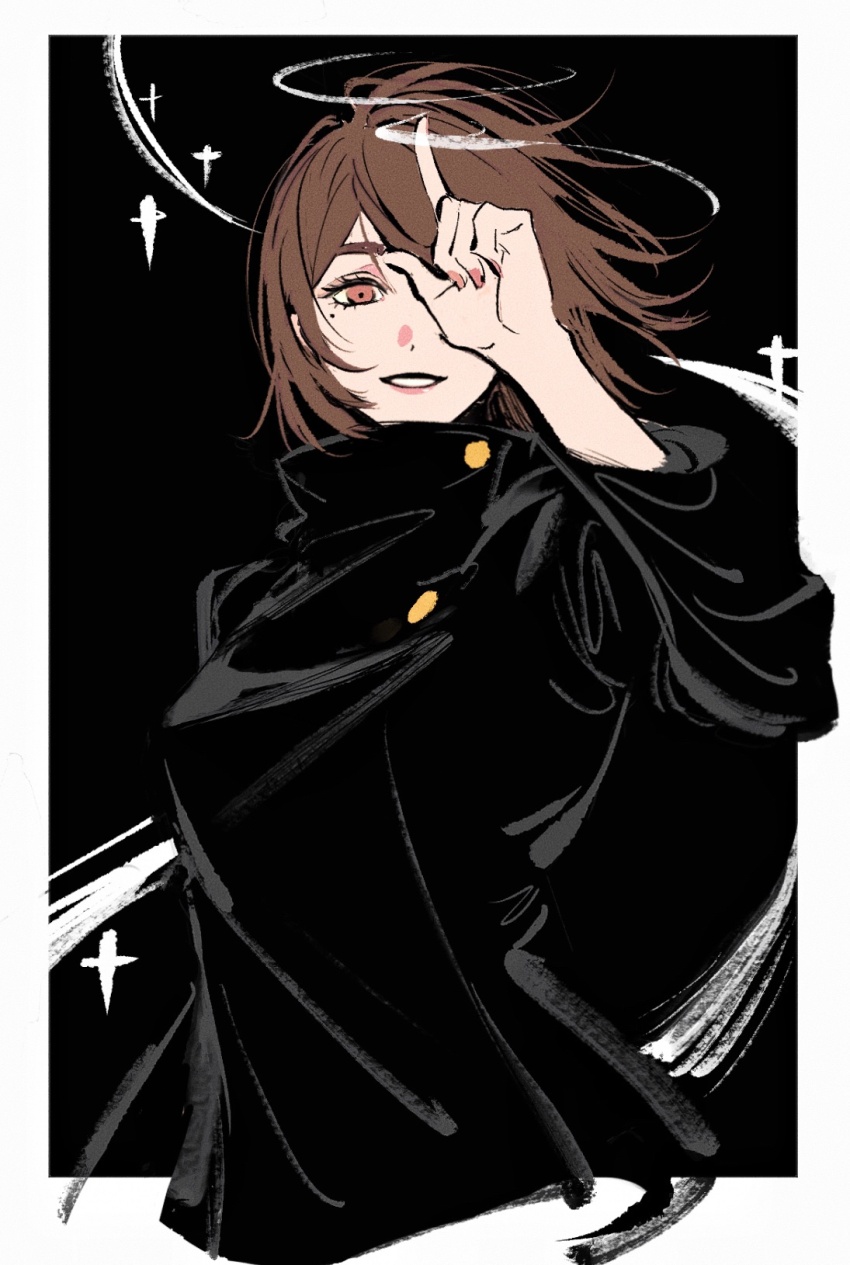 1girl black_background black_jacket border breasts brown_eyes brown_hair cropped_torso gold_buttons hand_over_eye highres ieiri_shoko jacket jujutsu_kaisen jujutsu_tech_uniform long_sleeves medium_breasts medium_hair mole mole_under_eye parted_lips shki00 smile solo white_border
