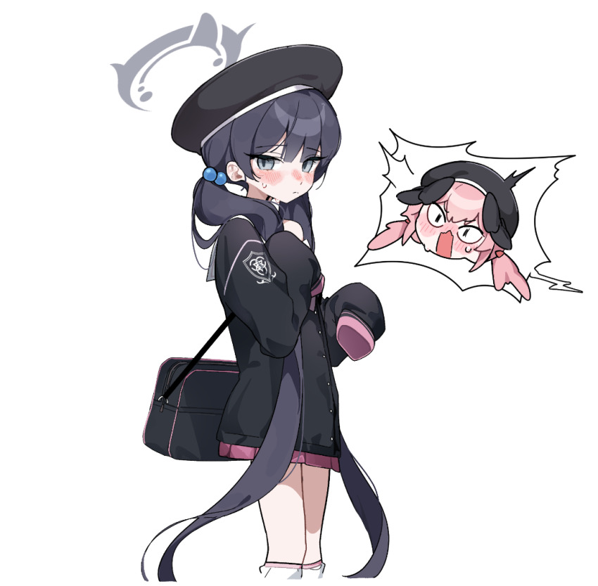 &lt;|&gt;_&lt;|&gt; 2girls alternate_costume alternate_hairstyle bag beret black_hair blue_archive blush buttons cosplay dandandanholo grey_eyes grey_halo halo hat head_wings kisaki_(blue_archive) koharu_(blue_archive) koharu_(blue_archive)_(cosplay) long_hair looking_at_viewer loose_socks low_twintails multiple_girls nose_blush pink_hair pink_skirt pleated_skirt sailor_collar school_bag school_uniform shoulder_bag shy simple_background skirt sleeves_past_fingers sleeves_past_wrists socks standing twintails very_long_hair white_background wings