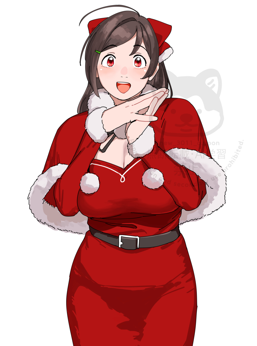 1girl :d absurdres ahoge belt breasts brown_hair capelet christmas cleavage dress fur_trim highres kantai_collection large_breasts long_hair mamiya_(christmas)_(kancolle) mamiya_(kancolle) ojipon open_mouth red_capelet red_dress red_eyes simple_background smile white_background