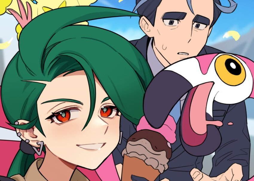 1boy 1girl androgynous black_eyes black_hair black_jacket blue_necktie bright_pupils character-themed_food clodsire close-up colored_sclera creature_as_food drooling ear_piercing earrings flamigo food formal_clothes gen_7_pokemon green_hair green_pupils grey_hair grin holding holding_food holding_ice_cream holding_ice_cream_cone ice_cream ice_cream_cone jacket jewelry larry_(pokemon) low_ponytail multicolored_hair necktie nicca_(nicca11y) nintendo open_mouth oricorio oricorio_(pom-pom) parted_lips piercing pokemon pokemon_(creature) pokemon_sv ponytail red_eyes rika_(pokemon) short_hair smile streaked_hair suit sweatdrop thick_eyebrows triangle_earrings two-tone_hair unfinished white_pupils yellow_sclera