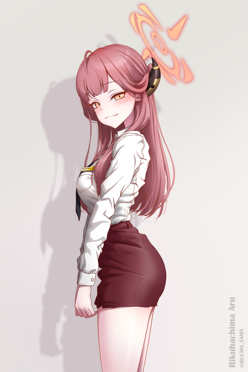 1girl absurdres artist_name aru_(blue_archive) ass blue_archive blush breasts bucho_sama commentary english_commentary halo highres horns korean_commentary long_hair looking_at_viewer medium_breasts mixed-language_commentary necktie pantyhose pencil_skirt pink_hair school_uniform shadow skirt smile solo twitter_username variant_set yellow_eyes