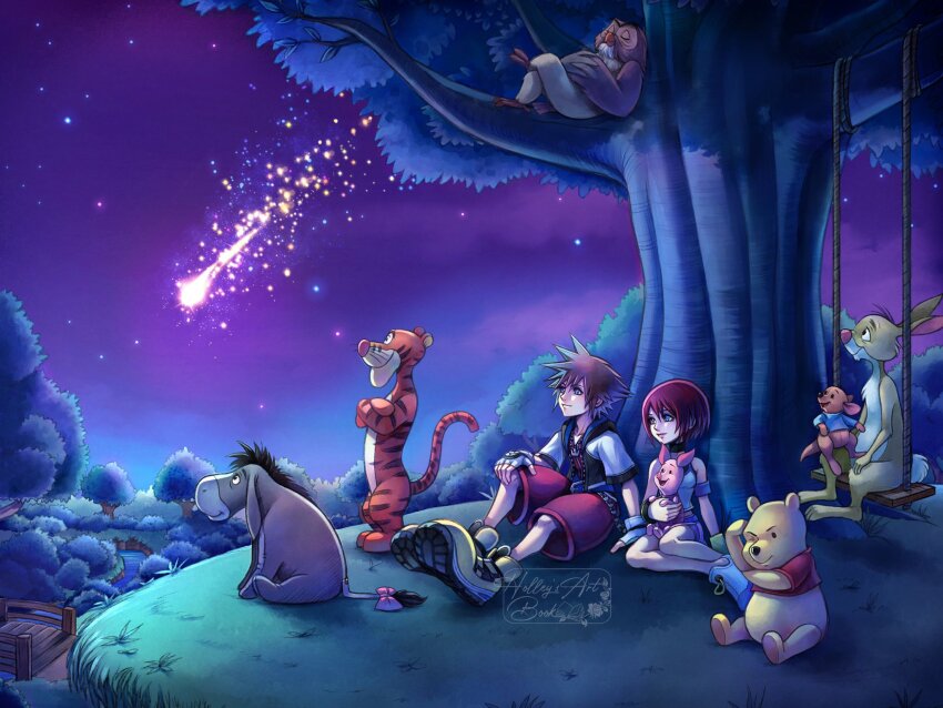 1boy 1girl armband bare_shoulders bear bird blue_eyes blue_shirt bow bridge brown_hair camisole chain chain_necklace closed_eyes cropped_jacket crossed_arms crossed_legs donkey eeyore fingerless_gloves forest full_body gloves grass hair_between_eyes hand_on_own_head hand_on_own_knee highres hollypolllyy in_tree jewelry kairi_(kingdom_hearts) kangaroo kingdom_hearts nature necklace night night_sky one_eye_closed open_mouth outdoors owl owl_(winnie_the_pooh) pig piglet pink_bow pink_shorts pooh purple_armband rabbit rabbit_(winnie_the_pooh) red_hair red_shirt red_shorts roo_(winnie_the_pooh) shirt shoes shooting_star short_hair short_sleeves shorts sitting sitting_on_lap sitting_on_person sky smile sora_(kingdom_hearts) spiked_hair tail tail_bow tail_ornament tiger tigger tree under_tree white_camisole white_shoes winnie_the_pooh wooden_bridge yellow_shoes
