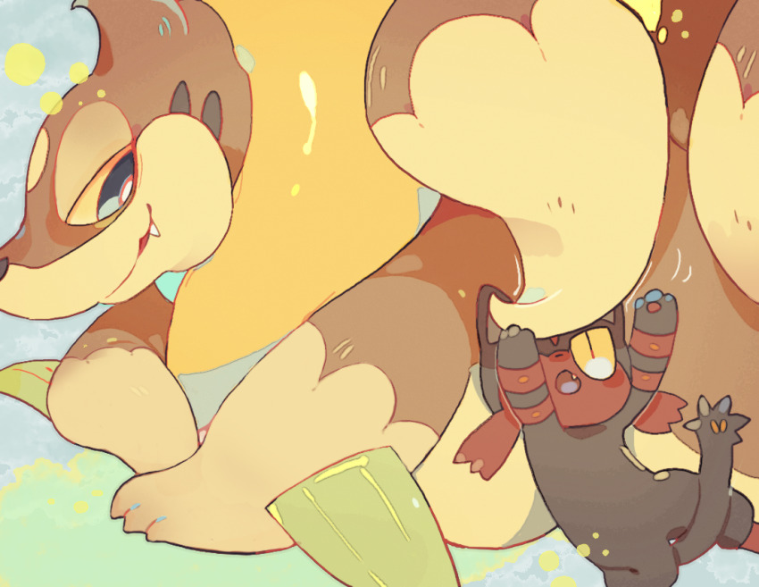 akadako animal_focus arms_up bags_under_eyes blue_eyes bright_pupils cat colored_sclera fang floatzel gen_4_pokemon gen_7_pokemon half-closed_eyes happy litten looking_at_another lying nintendo no_humans on_back on_stomach one-hour_drawing_challenge open_mouth outstretched_arms pawpads pokemon pokemon_(creature) profile red_eyes slit_pupils smile white_pupils yellow_sclera