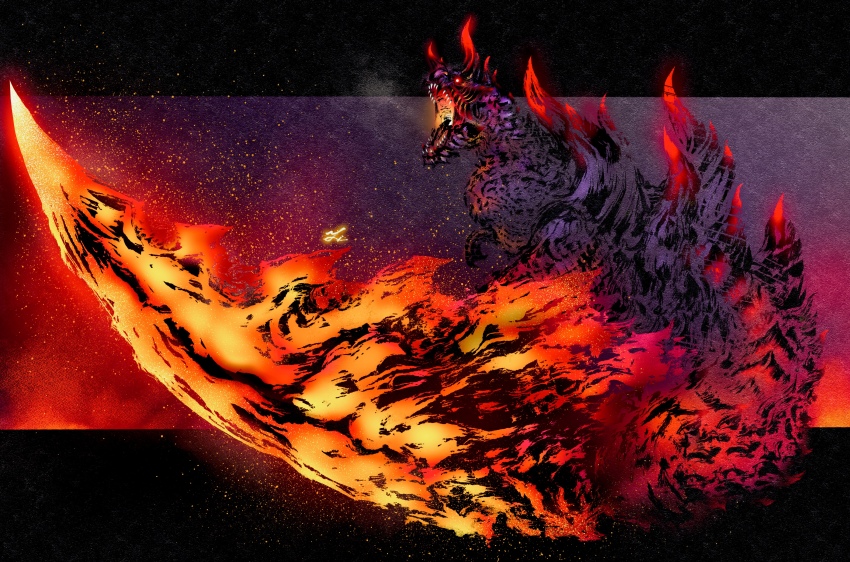 absurdres asymmetrical_horns breath_weapon breathing_fire calligraphy_brush_(medium) claws deadpool_yuchan embers fire glavenus glowing glowing_eyes glowing_tail hellblade_glavenus highres horns letterboxed monster monster_focus monster_hunter_(series) monster_hunter_x multiple_horns no_humans open_mouth red_eyes red_horns scales sharp_tail sharp_teeth spikes teeth