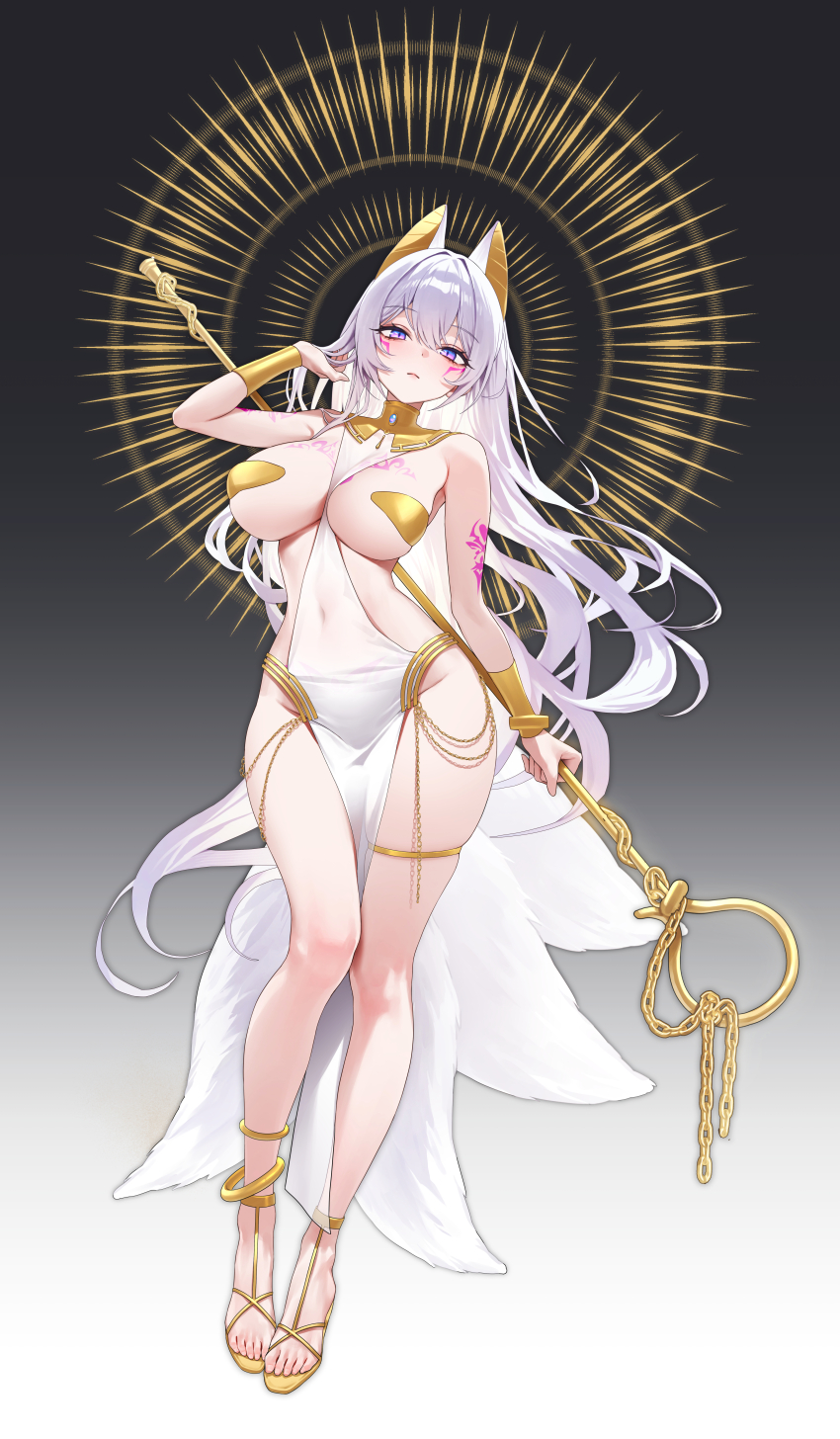 1girl absurdres ancient_egyptian_clothes animal_ears arm_tattoo armor between_breasts breasts chano39 clothes_between_breasts commission covered_navel fake_animal_ears full_body gladiator_sandals gold_thighlet hair_intakes highres holding holding_staff large_breasts long_hair looking_at_viewer original pelvic_curtain purple_eyes revealing_clothes sandals skindentation solo staff stomach tattoo thighs usekh_collar white_hair