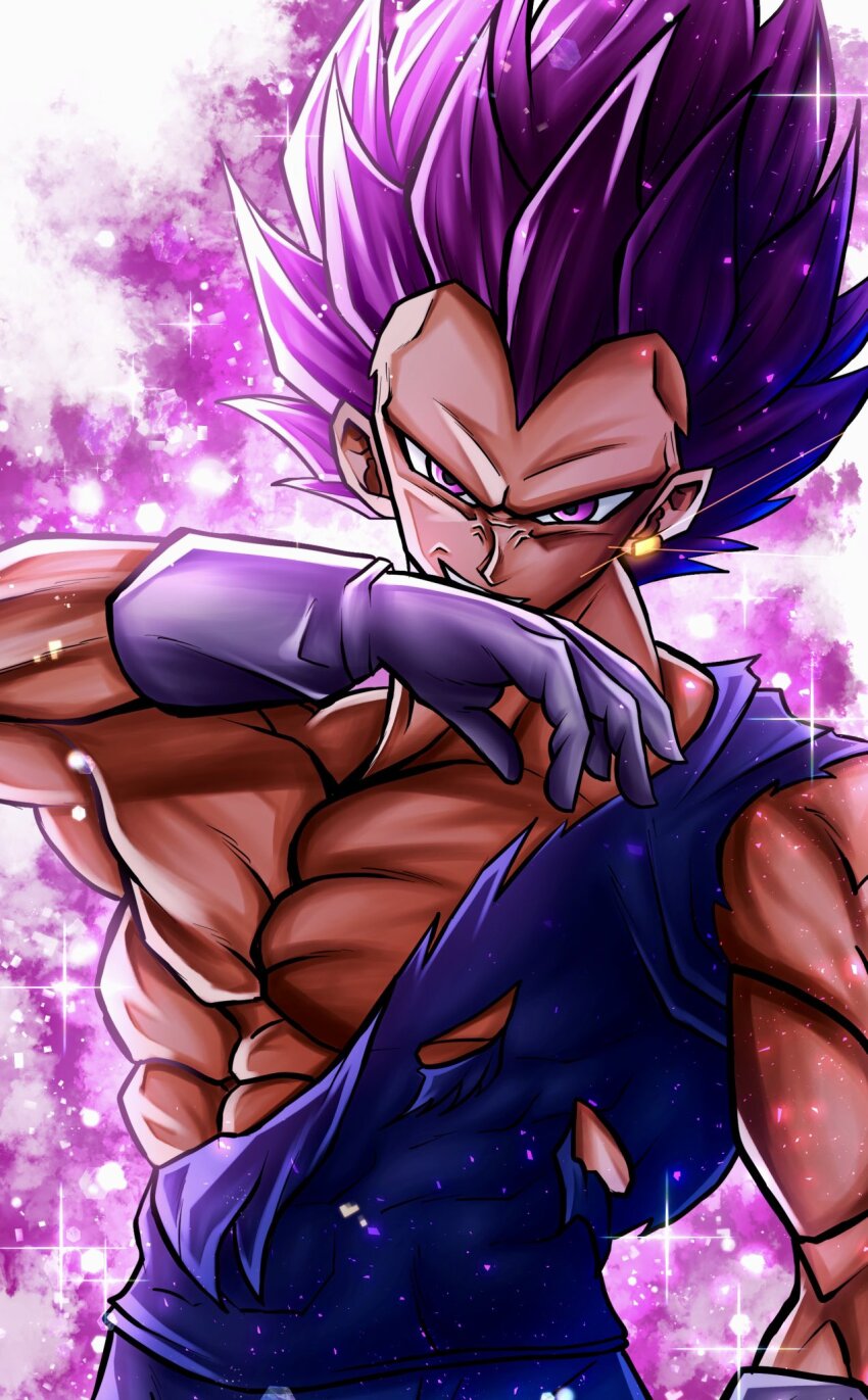 1boy abs blue_bodysuit bodysuit cowboy_shot dragon_ball dragon_ball_super gloves highres male_focus medium_hair n_k0918 no_eyebrows purple_background purple_eyes purple_hair solo spiked_hair torn_bodysuit torn_clothes ultra_ego_(dragon_ball) vegeta white_gloves