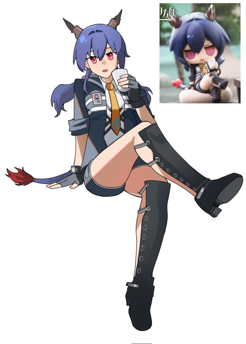 1girl arknights black_shorts blue_hair breasts ch&#039;en_(arknights) collared_shirt commentary cup dragon_girl dragon_horns dragon_tail hair_between_eyes highres holding holding_cup horns id_card jacket long_hair looking_at_viewer necktie open_mouth orange_necktie photo-referenced photo_inset red_eyes reference_photo shirt shorts sidelocks simple_background sitting solo tail white_background white_shirt wwfo_2