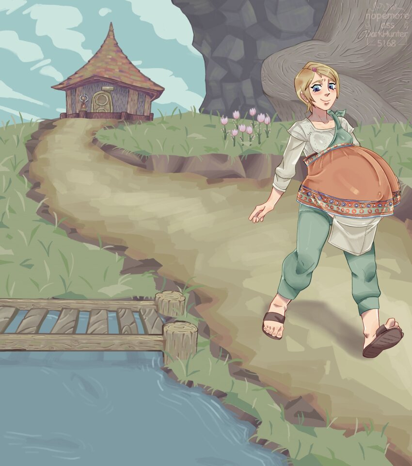 1girl artist_name blonde_hair blue_eyes blue_sky blush breasts collarbone colored_skin commission commissioner_upload covered_navel darkhunter5168 dress feet female_focus flower grass green_pants highres house housewife lips mature_female nature nintendo non-web_source outie_navel pants pond pregnant river rural sandals short_hair sky smile solo the_legend_of_zelda the_legend_of_zelda:_twilight_princess toenails toes uli_(twilight_princess) village walking watermark white_skin