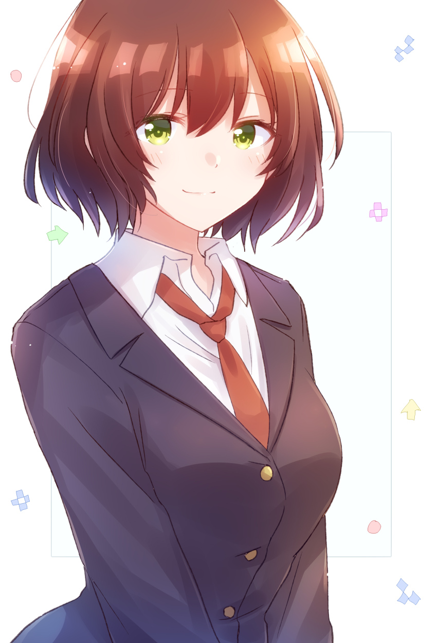 1girl absurdres black_jacket blazer breasts brown_hair closed_mouth collared_shirt commentary green_eyes highres hinami_aoi jacket jaku-chara_tomozaki-kun looking_at_viewer medium_breasts necktie nyaa_(nnekoron) red_necktie school_uniform shirt short_hair smile solo white_background white_shirt