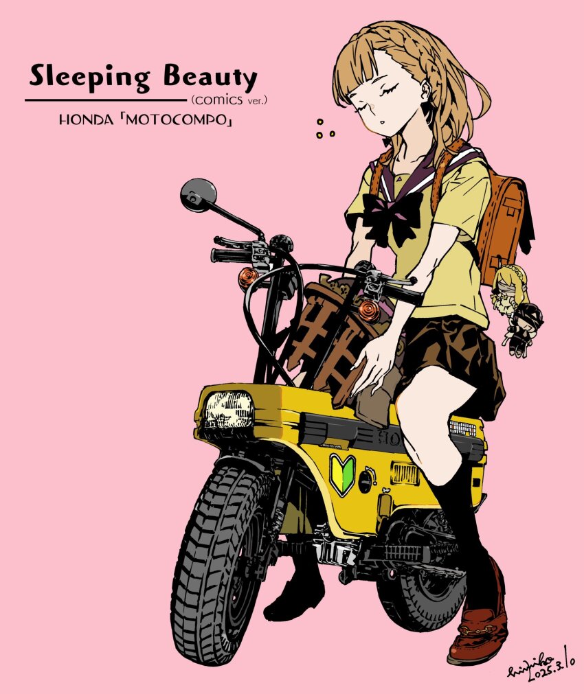 1girl anki_(sinoalice) backpack bag black_hair blonde_hair blunt_bangs bow bowtie braid briar_rose_(sinoalice) brown_hair brown_skirt character_charm character_name charm_(object) closed_eyes crown_braid dated dress_shoes eye_mask flat_chest gishin_(sinoalice) heel_up helmet highres himiko_(326ontheweb) holding holding_helmet honda honda_motocompo kneehighs medium_hair motor_vehicle motorcycle on_motorcycle parted_lips pink_background randoseru sailor_collar sailor_shirt shirt signature simple_background sinoalice sitting skirt socks solo sticker
