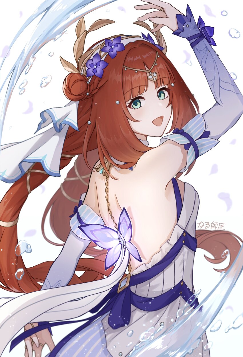 1girl absurdres aqua_eyes back bare_shoulders blush breasts detached_sleeves dress flower genshin_impact gnyt0rxxnsq7777 hair_bun hair_flower hair_ornament highres long_hair looking_at_viewer looking_back nilou_(breeze_of_sabaa)_(genshin_impact) nilou_(genshin_impact) official_alternate_costume purple_flower red_hair sleeveless sleeveless_dress smile solo very_long_hair white_dress white_sleeves